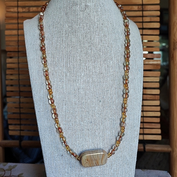 Round Beaded Seed Bead Honey Color Variegated Ceramic Stone Necklace - Picture 2 of 10